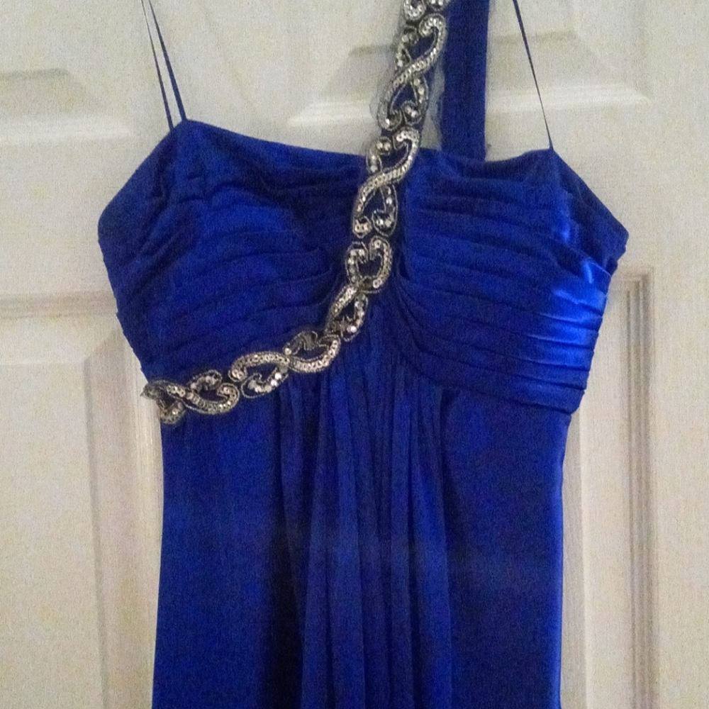 Royal Blue Empire Waist One-Shoulder Formal Gown Long Floor Length
